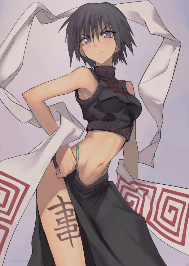 1girl armpits bad_id bad_pixiv_id bare_legs black_hair blue_eyes blush body_writing breasts chinese_clothes crop_top curvy female_focus fushoku houshin_engi looking_at_viewer midriff navel ou_kijin short_hair side_slit sleeveless smile solo tattoo