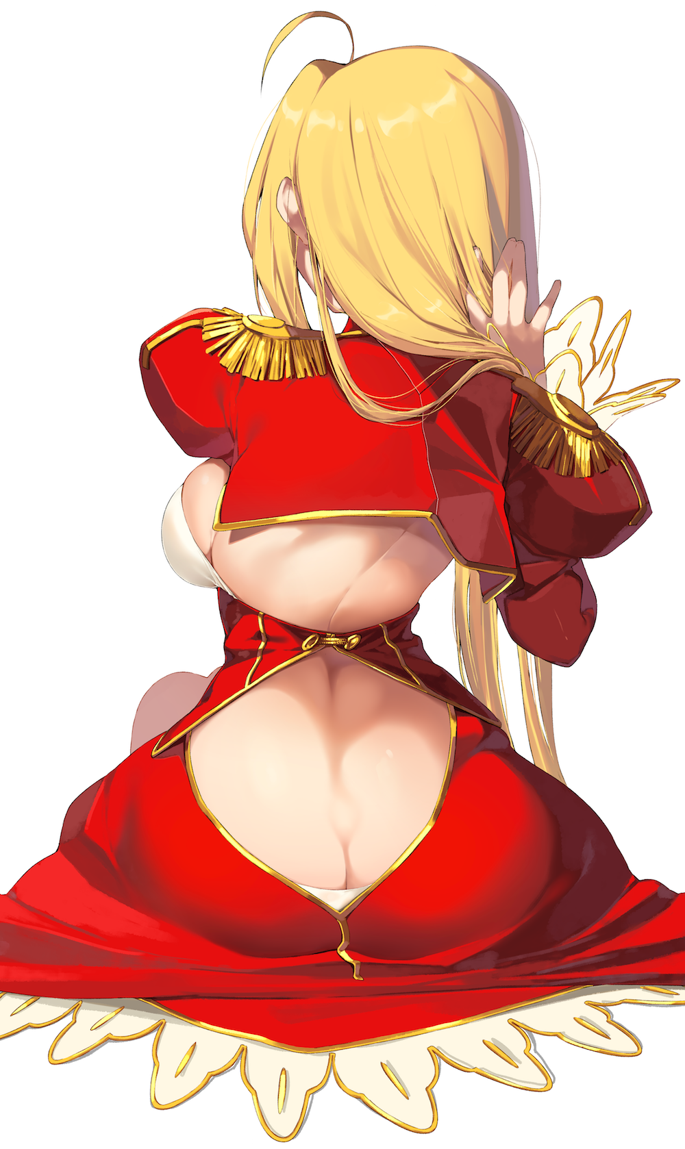 10s 1girl ahoge ass back back_cutout blonde_hair braid breasts butt_crack clothing_cutout dress epaulettes fate/extra fate_(series) hands_in_hair highres juliet_sleeves kei_(soundcross) large_breasts long_hair long_sleeves nero_claudius_(fate) nero_claudius_(fate)_(all) nero_claudius_(fate/extra) puffy_sleeves red_dress simple_background sitting solo white_background