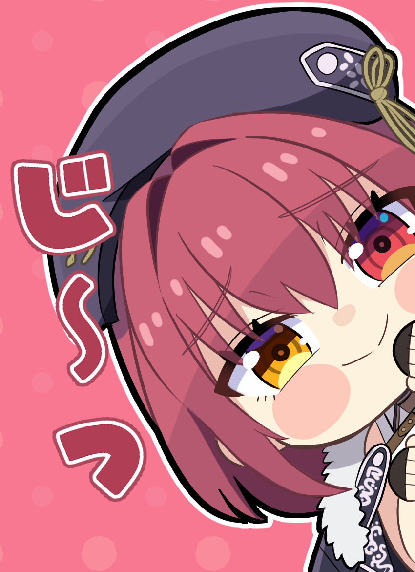 1girl blush_stickers chibi fur-trimmed_jacket fur_trim heterochromia hololive houshou_marine houshou_marine_(businesswoman) jacket jacket_on_shoulders nabe_(nabe_otome) no_nose peeking_out red_eyes red_hair smile solo virtual_youtuber yellow_eyes