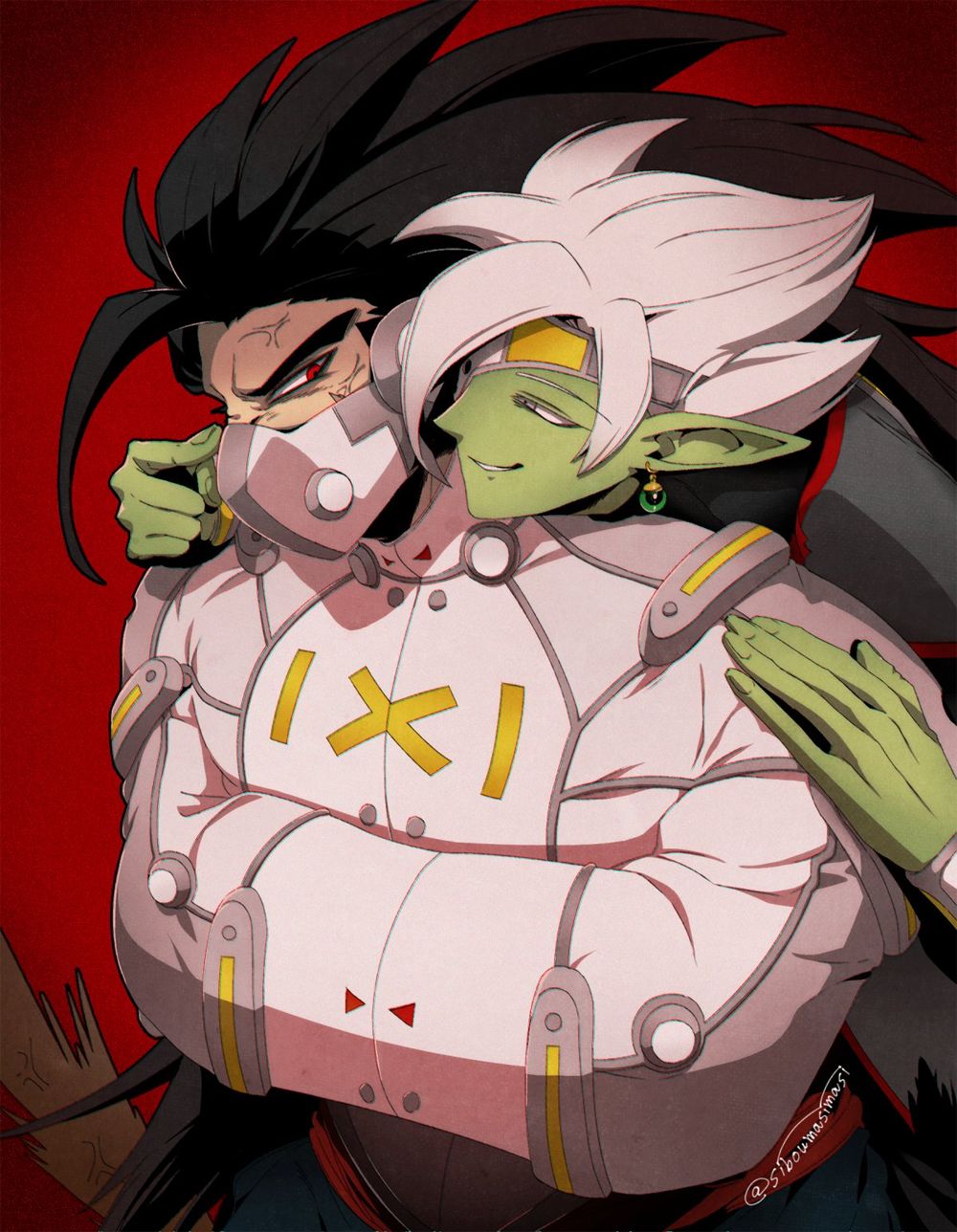 2boys black_hair brown_tail cheek_poking colored_skin commentary_request cumber dragon_ball dragon_ball_heroes earrings eye_contact eyepatch fused_zamasu green_skin grey_eyes grin hand_on_another&#039;s_shoulder highres jewelry kaioushin long_hair looking_at_another male_focus mask monkey_boy monkey_tail mouth_mask multiple_boys official_alternate_costume parted_bangs pointy_ears poking potara_earrings red_eyes red_sash saiyan sash short_hair signature smile spiked_hair straitjacket tail ushihoshi veiny_face very_long_hair white_hair zamasu