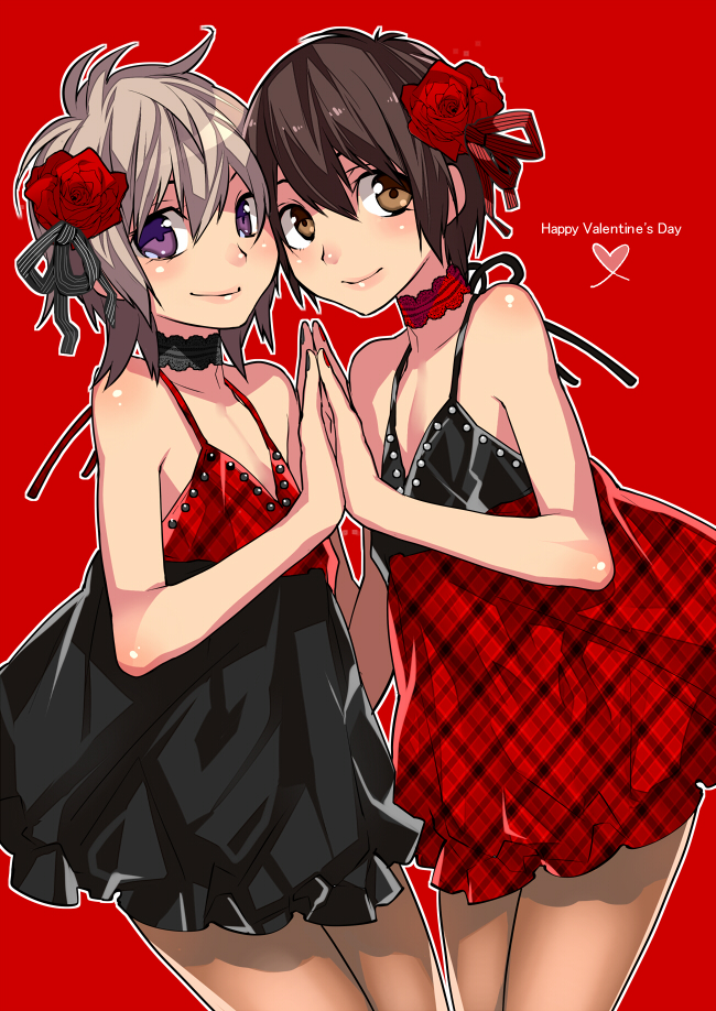 2boys avatar_base bare_shoulders brown_eyes brown_hair choker crossdressing dress english_text flower hair_flower hair_ornament happy_valentine heart hiro_(makuro) holding_hands kazu_(makuro) makuro male_focus multiple_boys original outline purple_eyes red_background ribbon smile trap