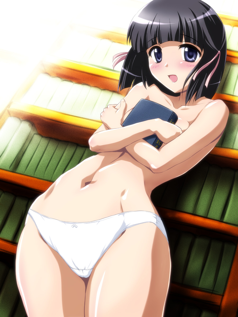 1girl bare_shoulders black_hair blue_eyes blush book bookshelf dha female_focus highres hime_cut hip_bones kami_nomi_zo_shiru_sekai library no_bra open_mouth panties shiomiya_shiori short_hair solo underwear white_panties