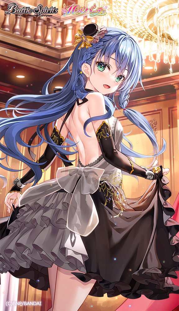 1girl :d backless_dress backless_outfit battle_spirits black_dress blue_hair bow braid character_request commentary_request dress from_behind fujima_takuya green_eyes grey_dress hair_between_eyes indoors long_hair looking_at_viewer looking_back open_mouth see-through_clothes skirt_hold smile solo standing very_long_hair yellow_bow