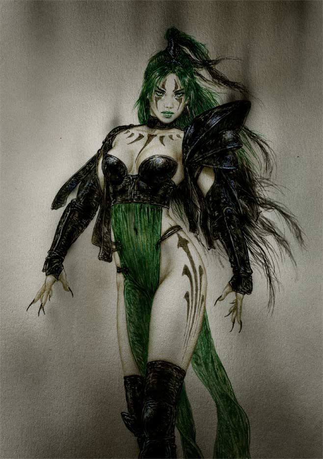 armor boots collarbone collarbone_tattoo facial_tattoo fingernails gauntlets green_hair leather_corset leg_tattoo lipstick long_fingernails long_hair luis_royo makeup navel original painting_(medium) pale_skin ponytail see-through_clothes shoulder_armor tattoo thigh_boots thighs traditional_media watercolor_(medium)