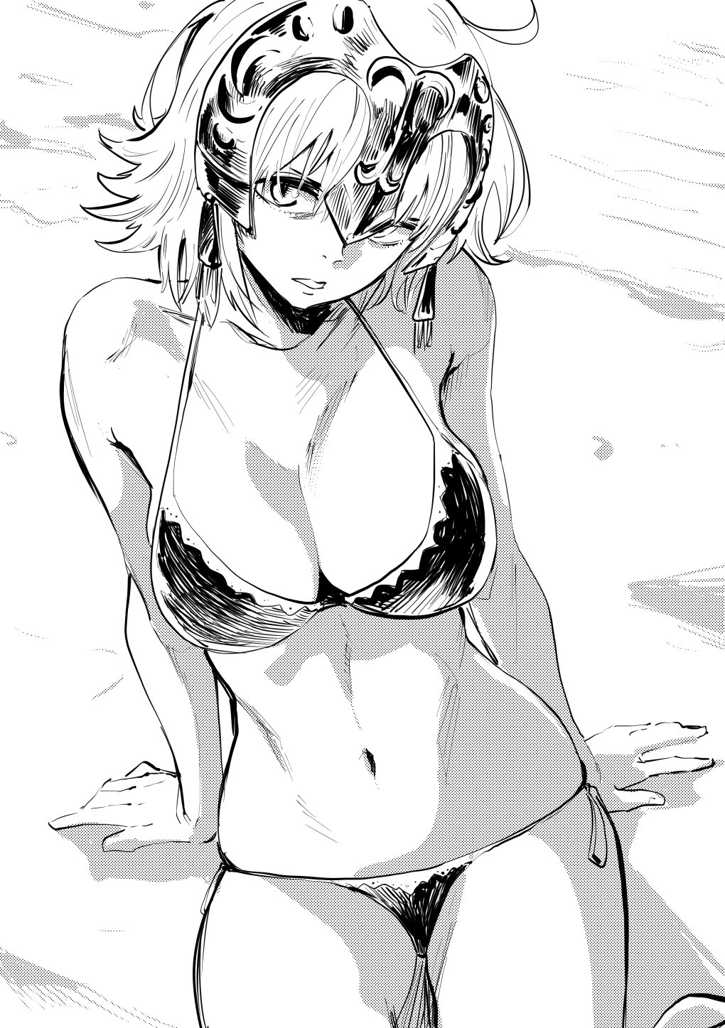 1girl ahoge arms_at_sides bikini breasts cleavage fate/grand_order fate_(series) female_focus from_above greyscale halterneck head_tilt headpiece highres jeanne_d&#039;arc_(fate) jeanne_d&#039;arc_alter_(avenger)_(fate) jeanne_d&#039;arc_alter_(fate) medium_breasts monochrome nekoi_mie short_hair side-tie_bikini_bottom sitting sketch solo swimsuit