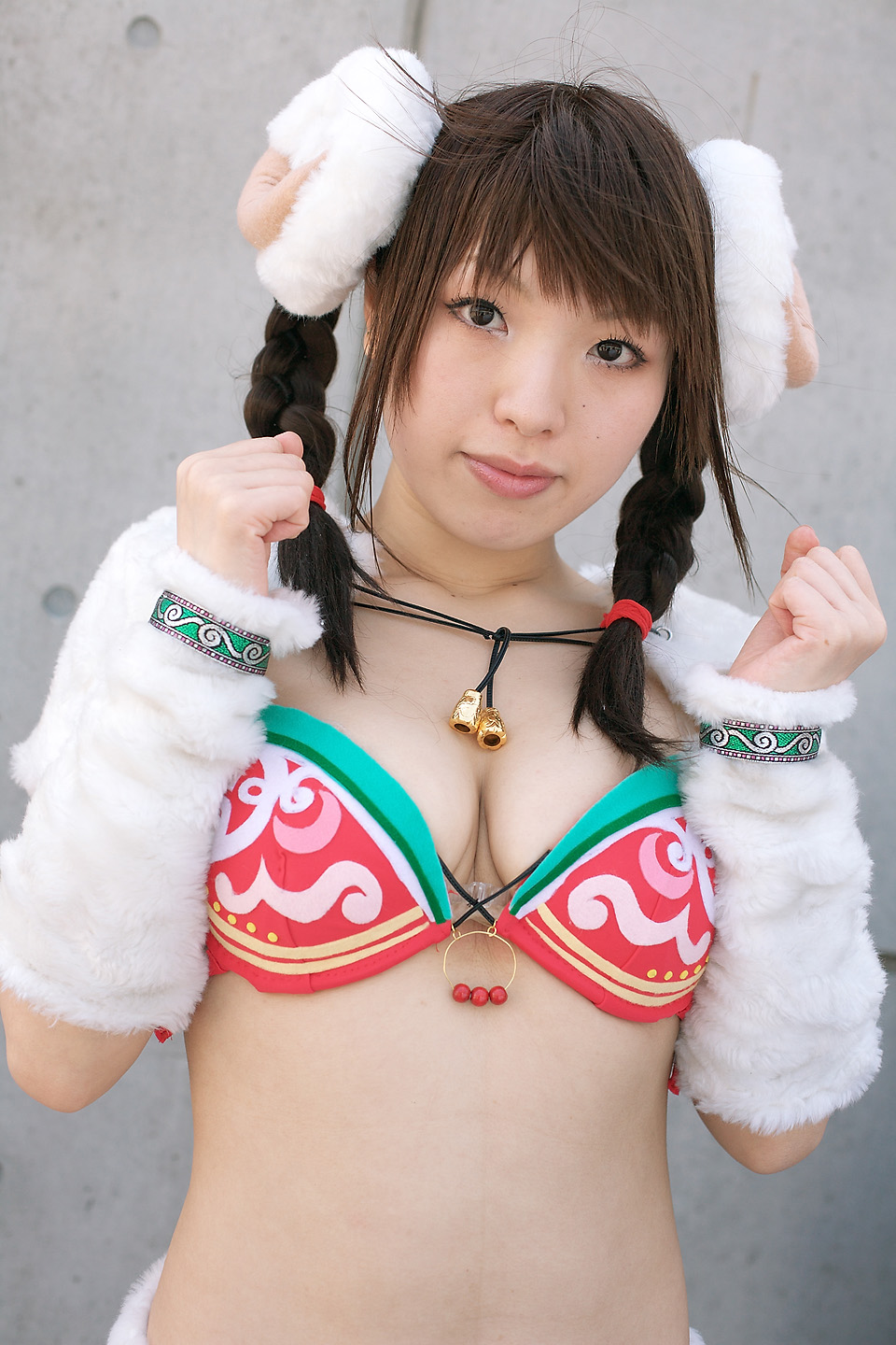 1girl aigle asian bell bra braid breasts cosplay female_focus fur highres horns lingerie looking_at_viewer photo_(medium) rayu rumble_roses sheep_horns solo twin_braids twintails underwear