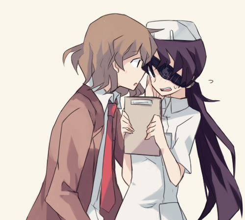 1boy 1girl aoki_shizumi bad_id bad_pixiv_id blazer blush brown_hair eyepatch formal_clothes jacket long_hair lowres mirai_nikki necktie nishijima_masumi nurse open_mouth ponytail purple_eyes purple_hair uryuu_minene