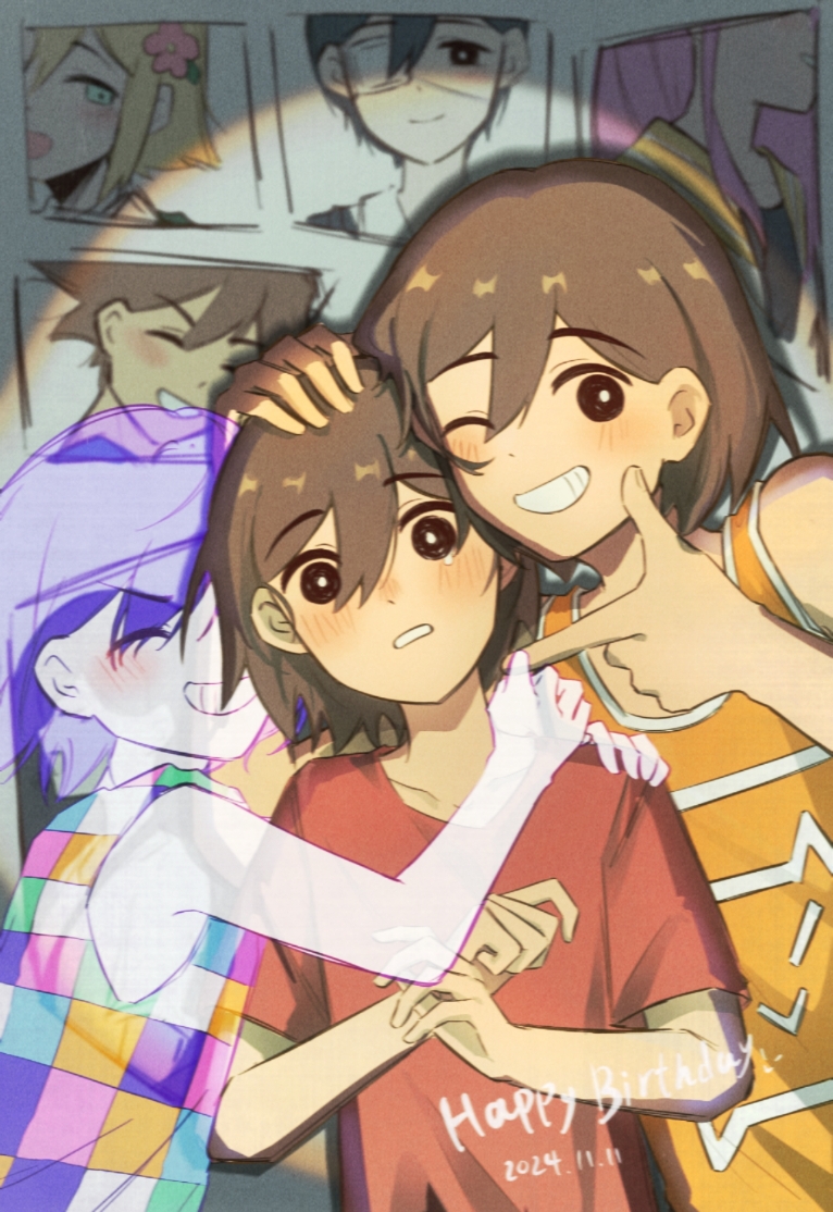 2024 3boys ;d ^_^ aged_down arm_around_neck aubrey_(faraway)_(omori) aubrey_(omori) bailan1130 bare_arms bare_shoulders basil_(faraway)_(omori) basil_(omori) black_eyes blush bright_pupils brown_hair checkered_clothes clenched_teeth closed_eyes collarbone colored_skin commentary dated double-parted_bangs film_grain fingernails grey_background grin hair_behind_ear hair_between_eyes hand_on_another&#039;s_head hand_on_another&#039;s_shoulder happy_birthday hero_(faraway)_(omori) hero_(omori) kel_(faraway)_(omori) kel_(headspace)_(omori) kel_(omori) looking_at_viewer male_focus mari_(faraway)_(omori) mari_(omori) multiple_boys multiple_persona omori one_eye_closed open_mouth orange_tank_top pointing pointing_at_another purple_hair red_shirt shirt short_hair short_sleeves simple_background smile spoilers sunny_(omori) t-shirt tank_top tearing_up teeth time_paradox upper_body v-shaped_eyebrows white_pupils white_skin