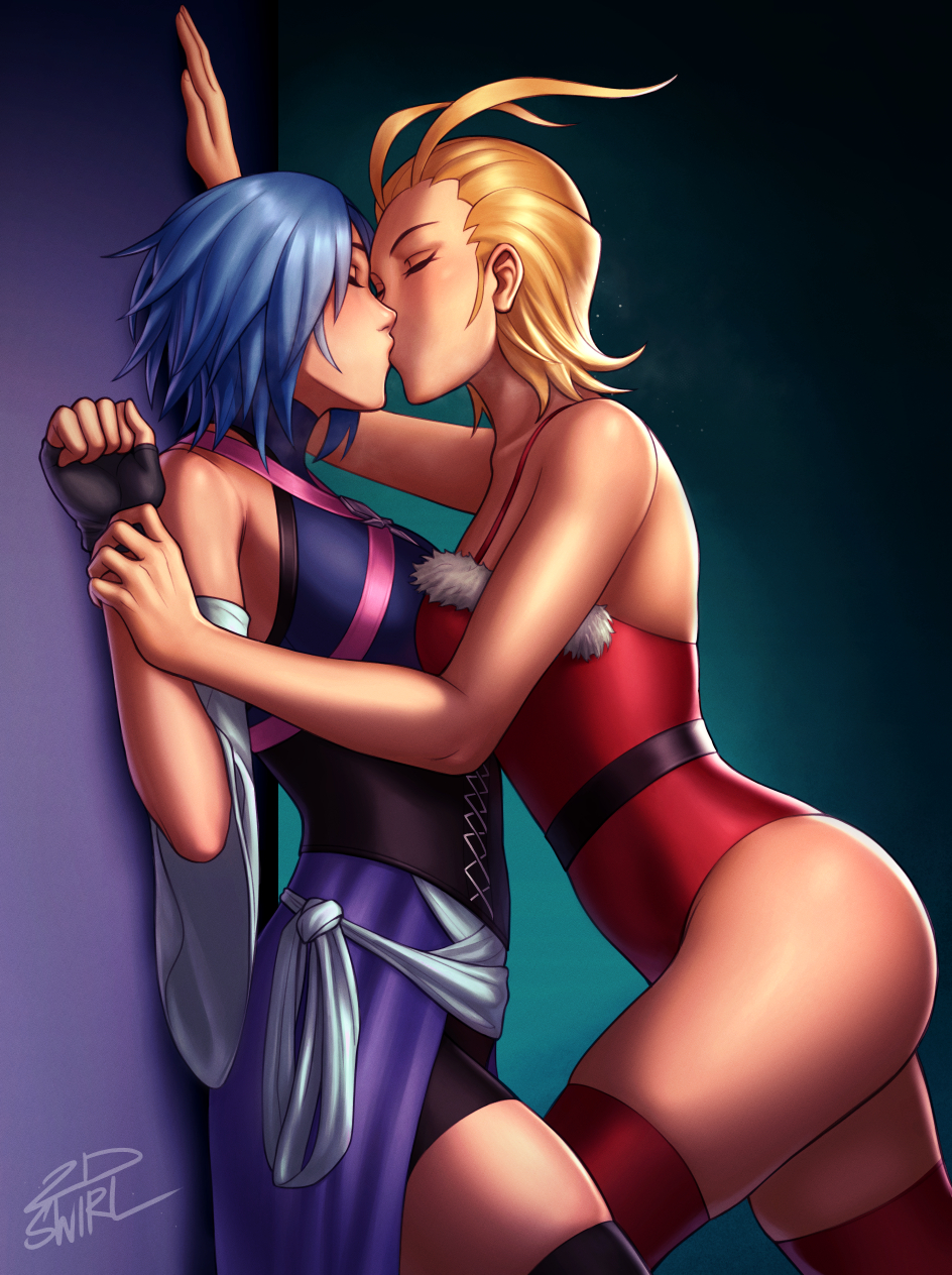 2dswirl 2girls aqua_(kingdom_hearts) blonde_hair blue_hair breasts closed_eyes corset female_focus fingerless_gloves gloves hair_antennae highres kabedon kingdom_hearts kiss larxene multiple_girls short_hair shorts skindentation small_breasts thighhighs yuri