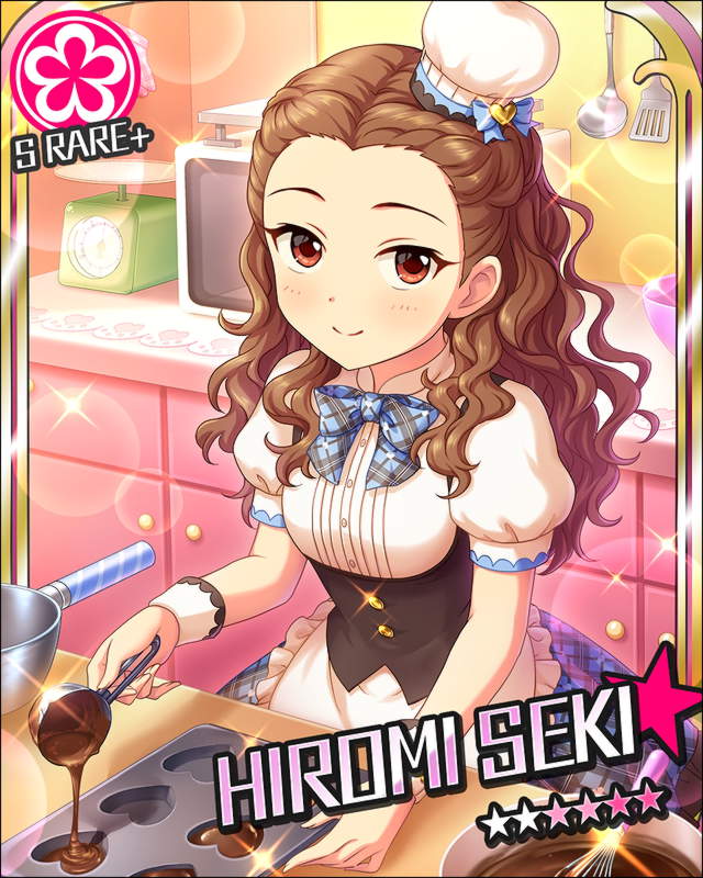 10s 1girl apron artist_request baking blush bow brown_hair card_(medium) character_name chocolate curly_hair dress female_focus flower_(symbol) hat heart idolmaster idolmaster_cinderella_girls long_hair looking_at_viewer microwave mini_hat official_art patissier red_eyes seki_hiromi smile solo valentine