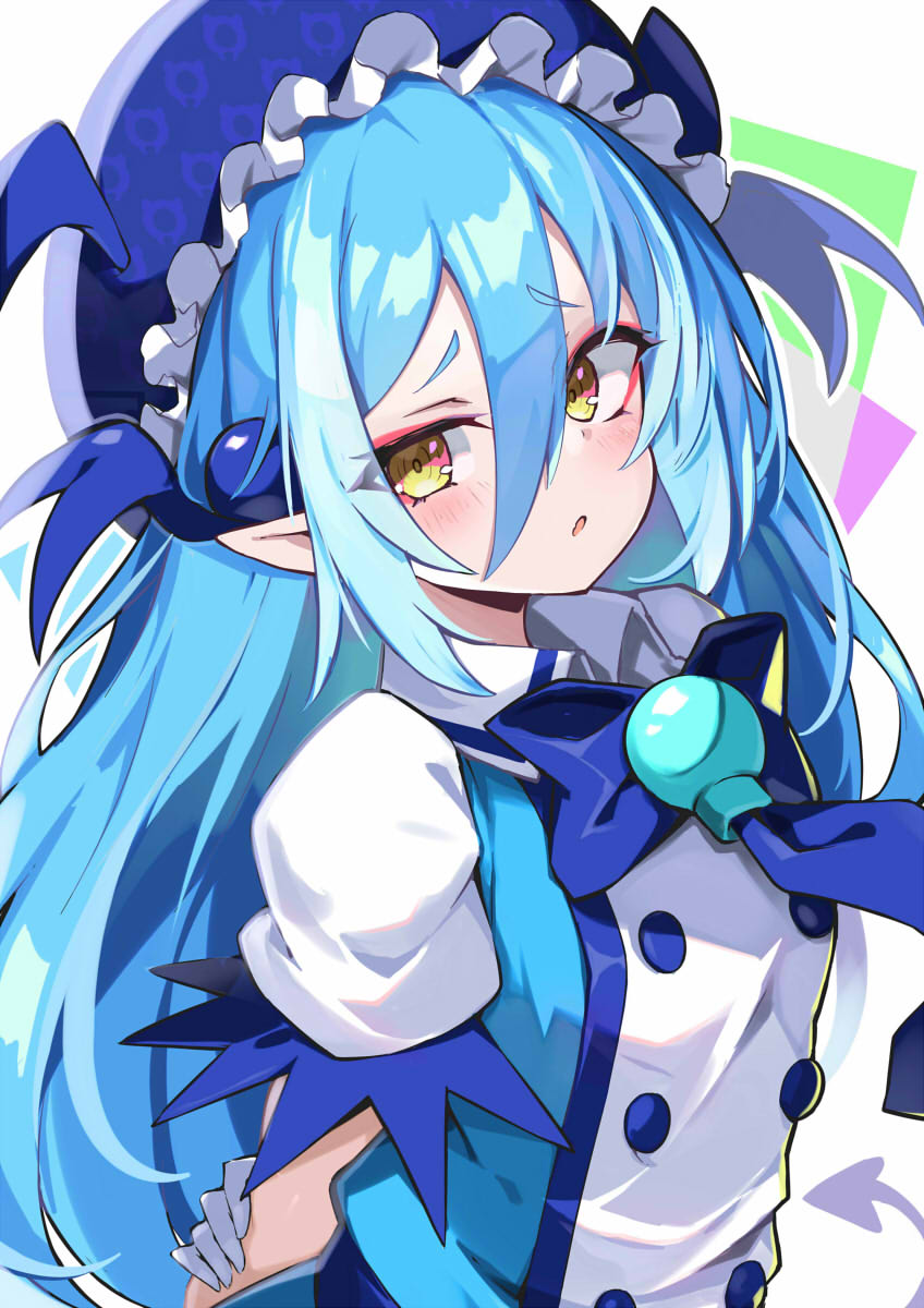 1girl blue_hair blueberry_(bombergirl) blush bombergirl gloves hair_between_eyes highres long_hair omochishiki pointy_ears puffy_sleeves solo white_gloves yellow_eyes