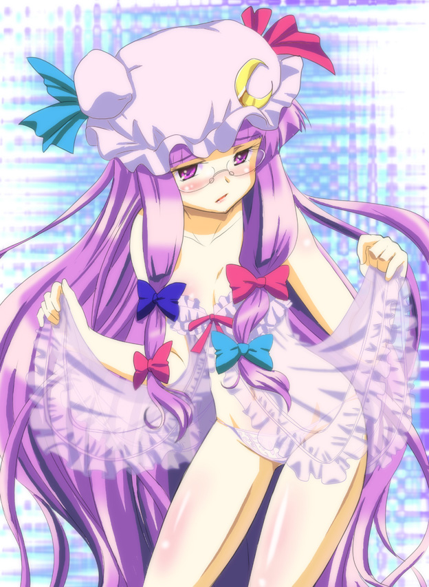 1girl bespectacled blush bow female_focus glasses hat long_hair moon mukai panties patchouli_knowledge pink_bow purple_eyes purple_hair ribbon see-through_clothes solo touhou underwear