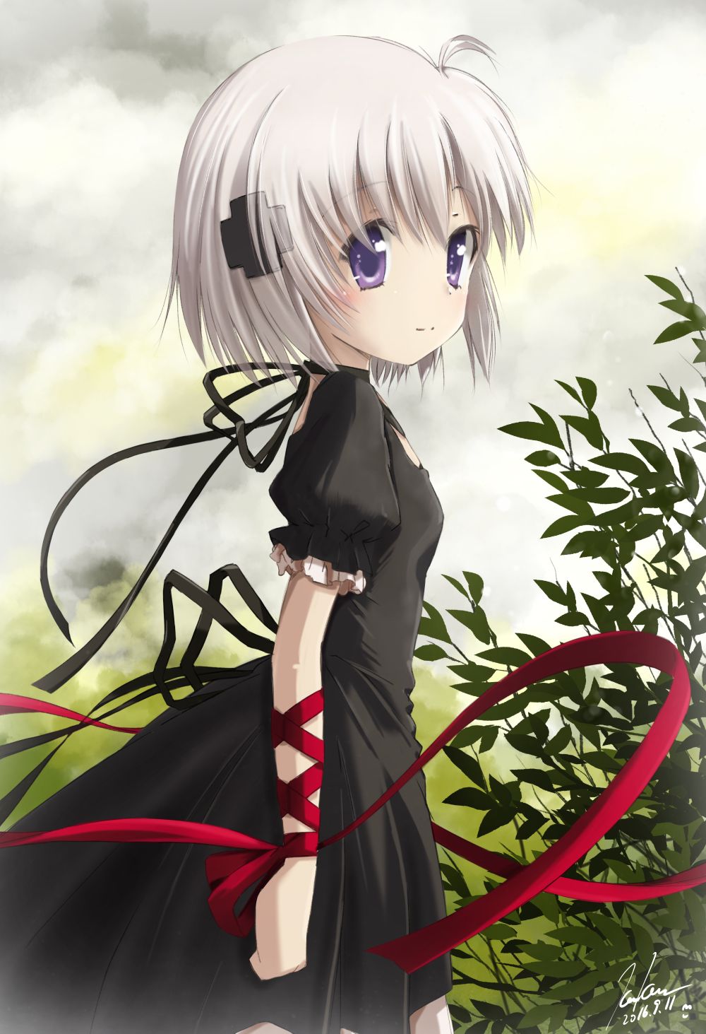 10s 1girl artist_name dated female_focus from_side highres kagari_(rewrite) kem_kem purple_eyes rewrite ribbon short_hair signature silver_hair solo