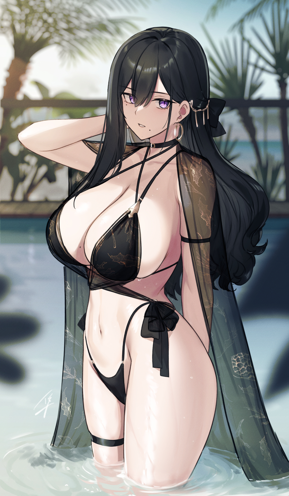 1girl bikini black_hair breasts choker classy-black-haired_girl_(hayabusa) cleavage collarbone earrings hair_ornament hayabusa_(vert_320) highres hoop_earrings jewelry large_breasts long_hair looking_at_viewer mole mole_on_breast mole_under_mouth navel original purple_eyes solo swimsuit thigh_strap thighs wading wet