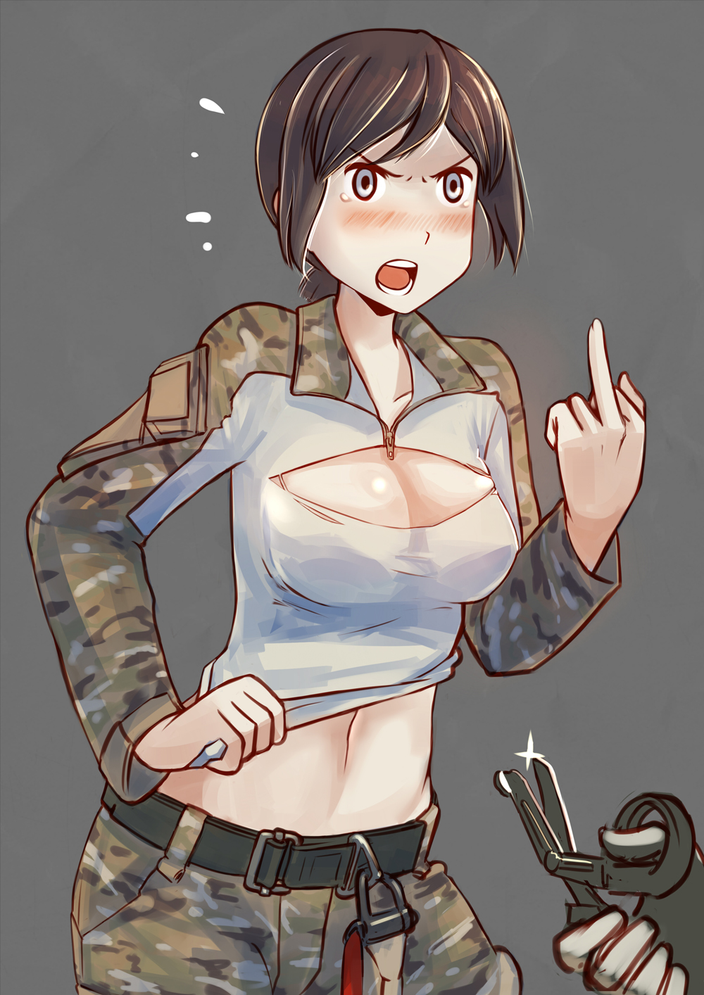 1girl belt belt_buckle blue_eyes blush breasts brown_hair buckle camouflage cleavage cleavage_cutout clothes_pull clothing_cutout erica_(naze1940) flying_sweatdrops glint highres large_breasts long_sleeves meme_attire middle_finger military military_uniform navel open-chest_sweater open_mouth original pants parted_bangs scissors shirt_pull short_hair solo_focus strap sweater tears teeth zipper