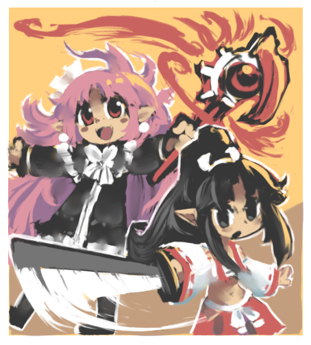 2girls attack_trail black_eyes black_hair commentary disgaea holding holding_sword holding_wand holding_weapon inawon long_hair long_sleeves looking_at_viewer mage_(disgaea) multiple_girls navel open_mouth pink_hair pointy_ears red_eyes samurai_(disgaea) sidelocks sword symbol-only_commentary wand weapon yellow_background