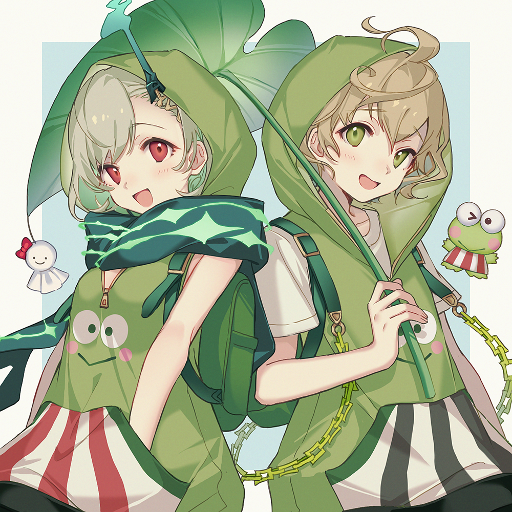 1boy 1girl ahoge asymmetrical_bangs backpack bag blonde_hair blush chain giant_leaf green_eyes green_hair hair_ornament hairclip hands_in_pockets holding holding_leaf in-franchise_crossover kero_kero_keroppi kina_(446964) leaf little_match_girl_(sinoalice) looking_at_viewer multicolored_hair open_mouth pinocchio_(sinoalice) red_eyes sanrio scarf short_hair simple_background sinoalice teruterubouzu two-tone_hair wavy_hair