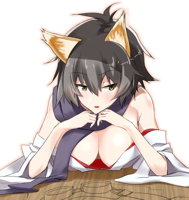 1girl animal_ears arm_support bare_shoulders black_hair breasts character_request cleavage female_focus fox_ears head_rest large_breasts off_shoulder scarf solo strike_witches white_background wide_sleeves witches_of_africa world_witches_series yuzuyoukan