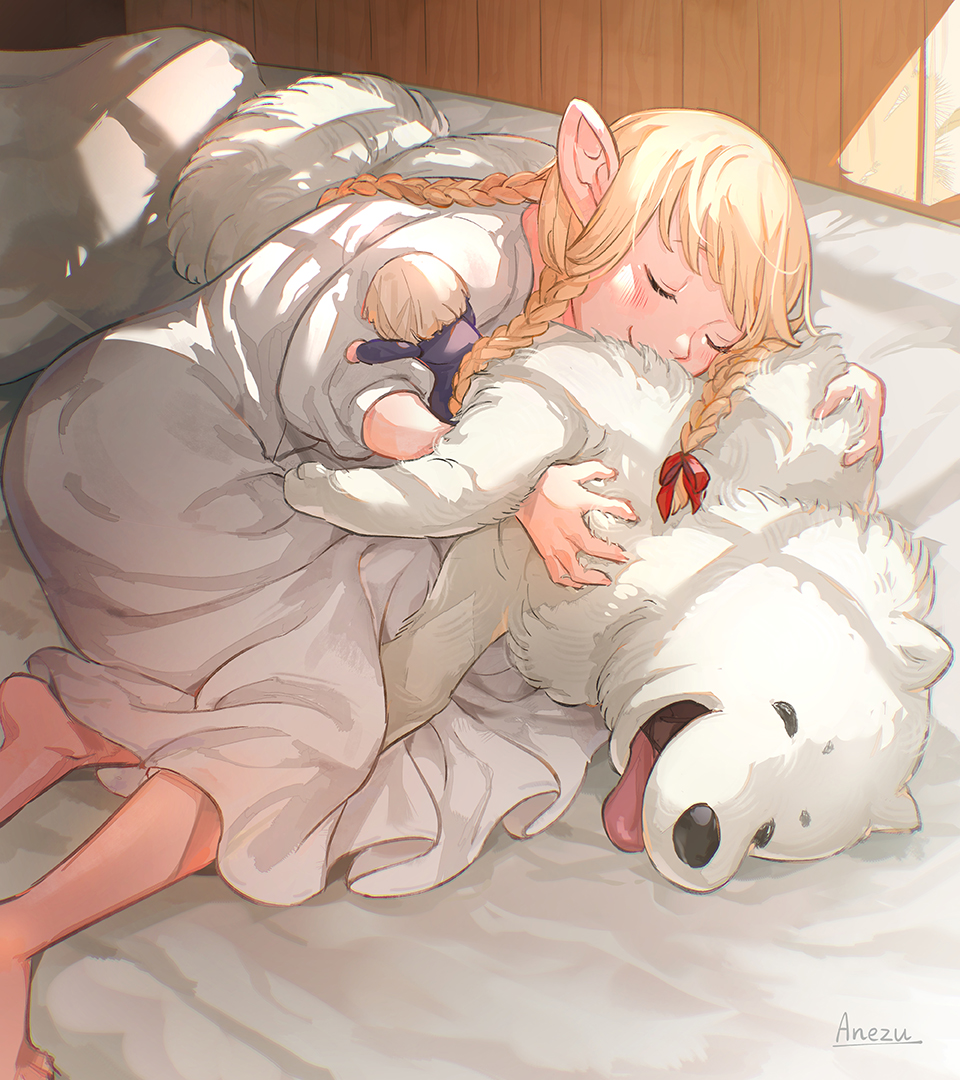 1girl aged_down anezu animal animal_hug artist_name barefoot blonde_hair braid character_doll child closed_eyes commentary_request cuddling dog dress dungeon_meshi elf falin_touden falin_touden_(doll) feet_out_of_frame from_above hair_ribbon happy laios_touden laios_touden_(dog) long_hair lying marcille_donato multiple_braids on_side pointy_ears ribbon signature sleeping smile tongue tongue_out white_dress white_fur window_shadow