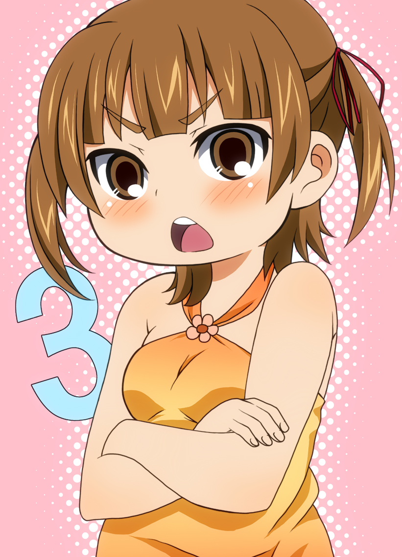 1girl blush breasts brown_eyes brown_hair female_focus laco_soregashi marui_mitsuba mitsudomoe_(manga) ponytail short_twintails small_breasts solo twintails