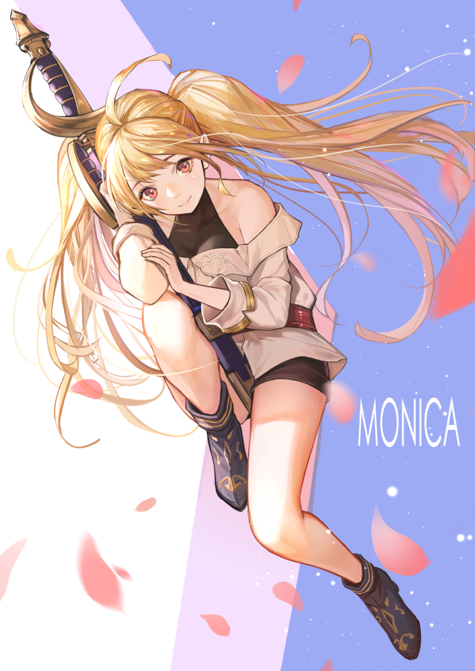 1girl ahoge bare_shoulders black_footwear blonde_hair character_name closed_mouth full_body granblue_fantasy holding holding_sword holding_weapon layered_clothes legs long_hair looking_at_viewer monika_weisswind off-shoulder_shirt off_shoulder red_eyes shirt sitting smile solo sword twintails weapon ya99ru