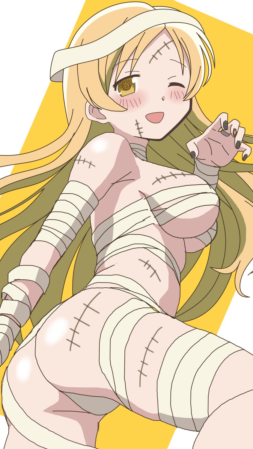 1girl ass bandage_on_chest bandage_on_hair bandage_on_hip bandage_on_neck bandage_on_thigh bandaged_arm bandaged_leg bandaged_neck bandaged_wrist bandages blonde_hair blush breasts claw_pose commentary commentary_request dot_nose fake_scar from_side hair_down highres large_breasts long_hair mahou_shoujo_madoka_magica mahou_shoujo_madoka_magica_(anime) mummy_costume nail_polish naked_bandage one_eye_closed open_mouth pun riokasen smile solo tomoe_mami twisted_torso yellow_background yellow_eyes