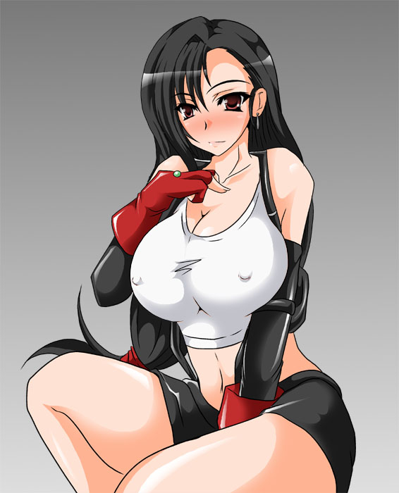 1990s_(style) 1girl black_hair blush breasts cleavage covered_erect_nipples earrings elbow_gloves female_focus final_fantasy final_fantasy_vii fingerless_gloves gloves gradient_background hige_masamune jewelry large_breasts long_hair midriff miniskirt red_eyes retro_artstyle sitting skirt solo suspenders tank_top tifa_lockhart