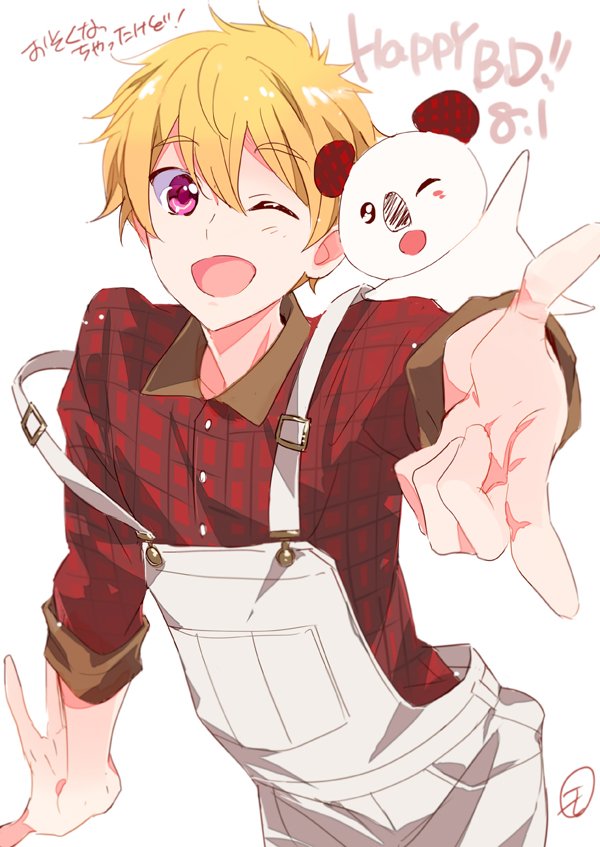 10s 1boy blonde_hair free! happy_birthday hazuki_nagisa koala male_focus pink_eyes suspenders text_focus white_background wink