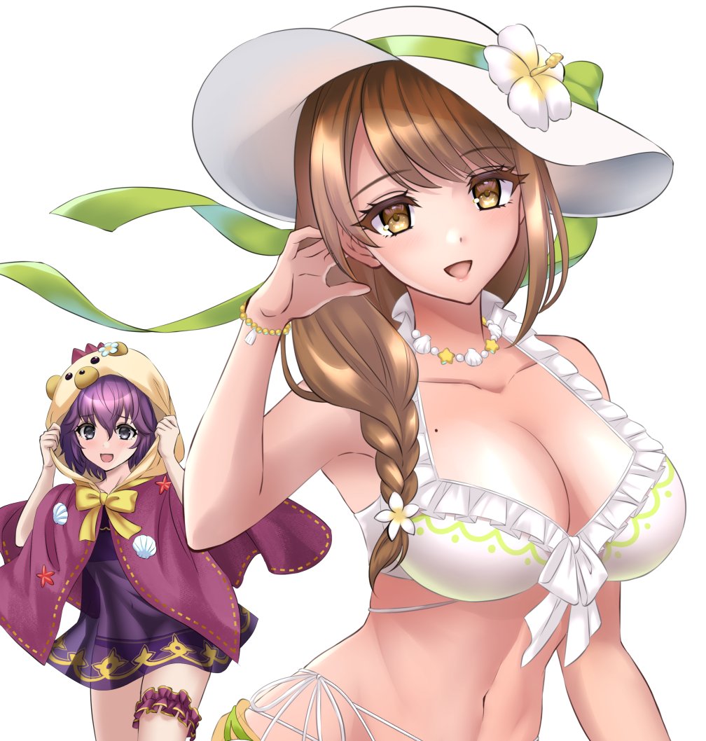 2girls :d animal_hood bare_shoulders bear_hood bernadetta_von_varley bikini bow braid braided_ponytail breasts brown_eyes brown_hair cleavage cloak fire_emblem fire_emblem:_three_houses fire_emblem_engage fire_emblem_heroes goldmary_(fire_emblem) hat hood hooded_cloak kakiko210 large_breasts long_hair looking_at_viewer mole mole_on_breast multiple_girls navel nintendo official_alternate_costume open_mouth purple_bikini purple_hair see-through_clothes side_ponytail smile stomach swimsuit thighs upper_body white_bikini white_hat yellow_bow