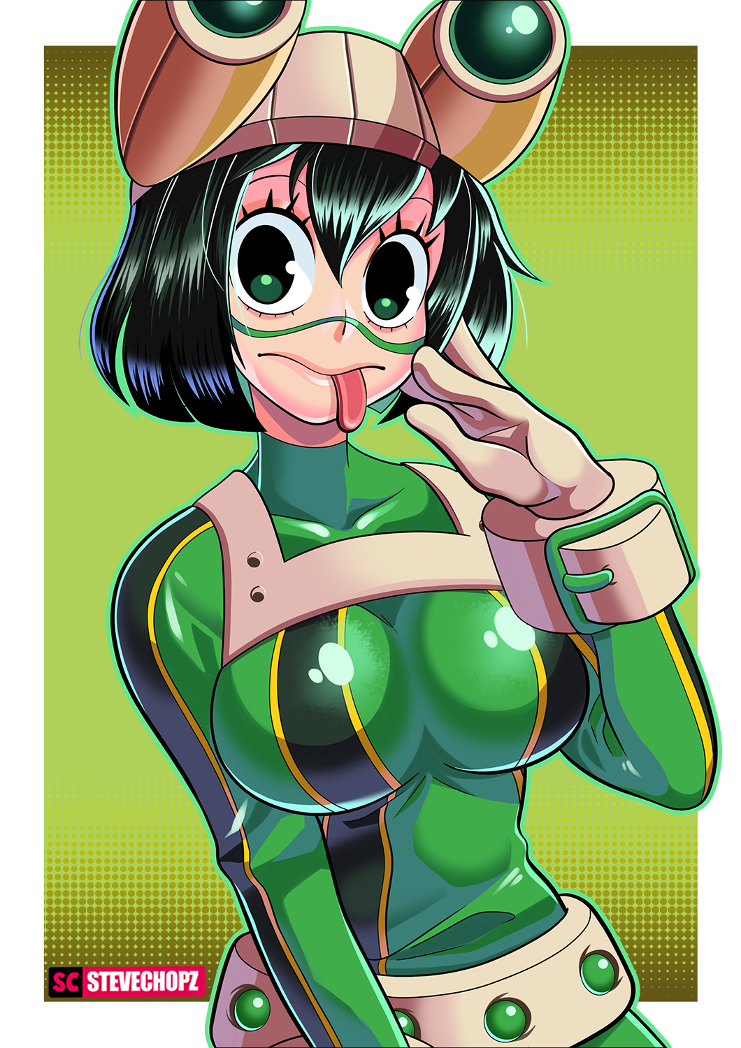 1girl aged_up alternate_hair_length alternate_hairstyle asui_tsuyu bodysuit boku_no_hero_academia breasts collarbone frog_girl gloves goggles goggles_on_head green_bodysuit highres large_breasts long_tongue looking_at_viewer short_hair solo steve_chopz tongue