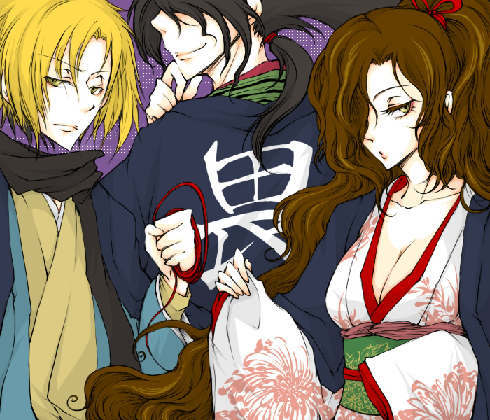 1girl 2boys breasts japanese_clothes kejourou kimono kubinashi multiple_boys nura_rihan nurarihyon_no_mago