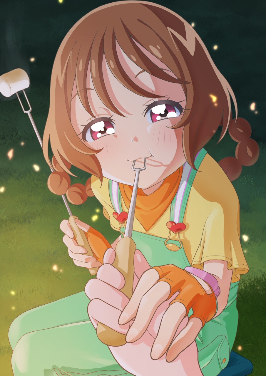 1boy 1girl blush braid braided_hair_rings brown_hair campfire delicious_party_precure fingerless_gloves food gloves grass hair_rings hanamichi_ran highres looking_at_viewer marshmallow night orange_gloves outdoors pov precure purple_eyes shared_food shirt sitting tiler_(tiler00) yellow_shirt