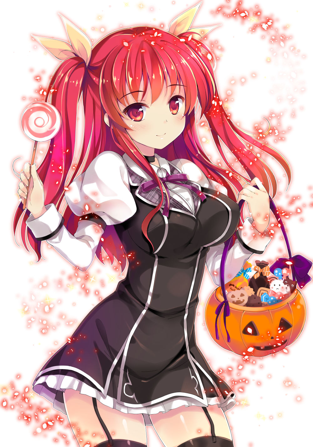 10s 1girl black_thighhighs blush breasts candy choker female_focus food garter_straps hair_ribbon halloween highres jack-o&#039;-lantern ko~cha long_hair looking_at_viewer medium_breasts pumpkin rakudai_kishi_no_cavalry red_eyes red_hair ribbon smile solo stella_vermillion thighhighs twintails two_side_up unmoving_pattern zettai_ryouiki