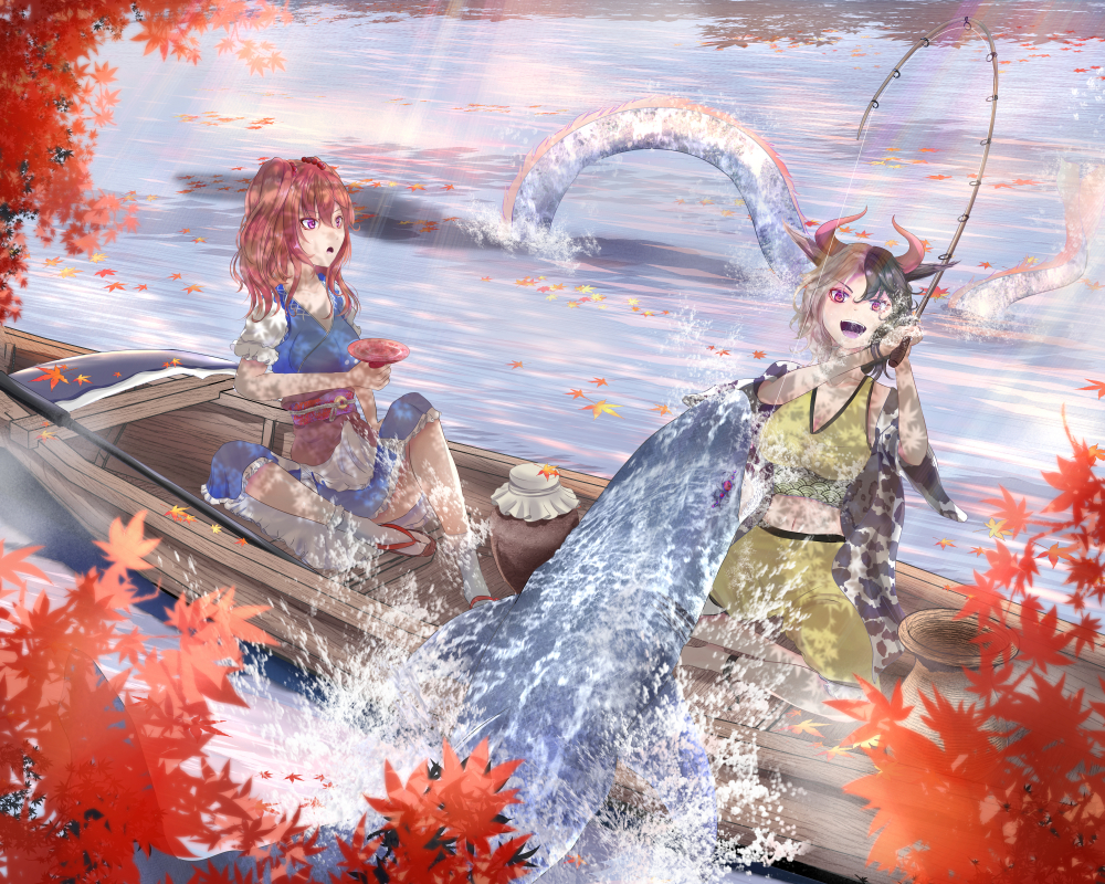 2girls :o animal_print autumn_leaves barefoot black_hair boat breasts calligraphy_brush_(medium) commentary_request cow_horns cow_print crop_top cup dress fishing fishing_line fishing_rod graphite_(medium) grey_hair hair_between_eyes haori holding holding_cup horns japanese_clothes jug_(bottle) large_breasts layered_dress leaf looking_at_another maple_leaf monster multicolored_hair multiple_girls niradama_(nira2ratama) on_boat onozuka_komachi open_mouth pants purple_eyes red_eyes red_hair sakazuki sandals sanzu_river scythe shirt short_hair sitting tabi touhou traditional_media two-tone_hair ushizaki_urumi watercraft yellow_pants yellow_shirt