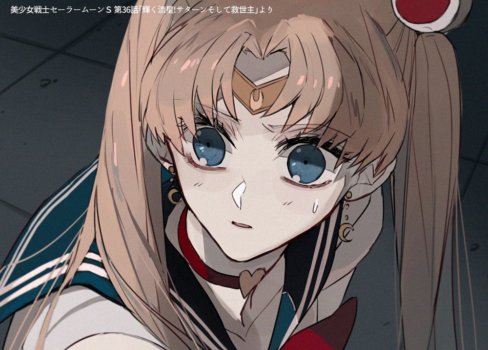 1girl bishoujo_senshi_sailor_moon bishoujo_senshi_sailor_moon_s blonde_hair blue_eyes blue_sailor_collar choker crescent crescent_earrings derivative_work earrings ebanoniwa from_side headband heart heart_choker jewelry looking_at_viewer looking_to_the_side meme pale_skin parted_lips red_choker sailor_collar sailor_moon sailor_moon_redraw_challenge_(meme) school_uniform screenshot_redraw serafuku shirt solo tsukino_usagi twintails white_shirt wide-eyed