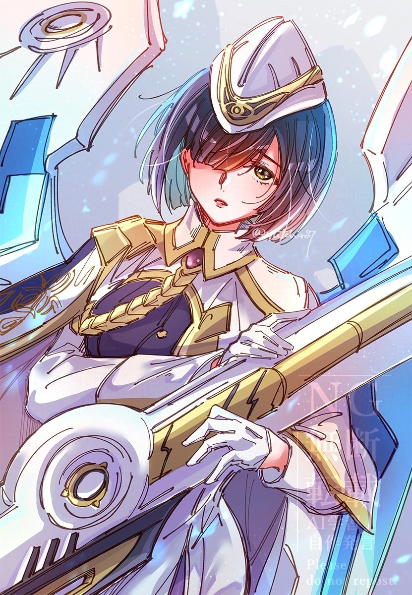 1girl black_hair blue_hair cape colored_inner_hair fire_emblem fire_emblem_heroes garrison_cap gold_trim gun hair_over_one_eye hat highres hodr_(fire_emblem) holding holding_gun holding_weapon multicolored_hair nintendo rifle weapon white_cape yutohiroya