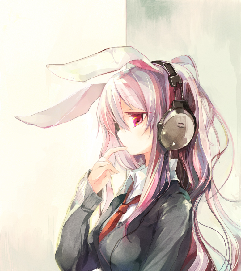 1girl animal_ears azuma_seiji bad_id bad_pixiv_id blouse female_focus finger_to_mouth food headphones light_purple_hair long_hair necktie noodles pink_eyes purple_hair rabbit_ears red_necktie reisen_udongein_inaba shirt soba solo touhou very_long_hair vest yudesoba