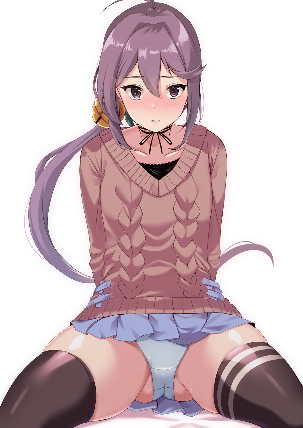 1girl akebono_(kancolle) akebono_kai_ni_(setsubun)_(kancolle) bell black_thighhighs brown_sweater crotch_seam dress hair_bell hair_ornament highres jingle_bell kantai_collection long_hair long_sleeves looking_at_viewer panties purple_eyes purple_hair side_ponytail solo sweater sweater_dress thighhighs tirasi_(so) underwear very_long_hair white_panties