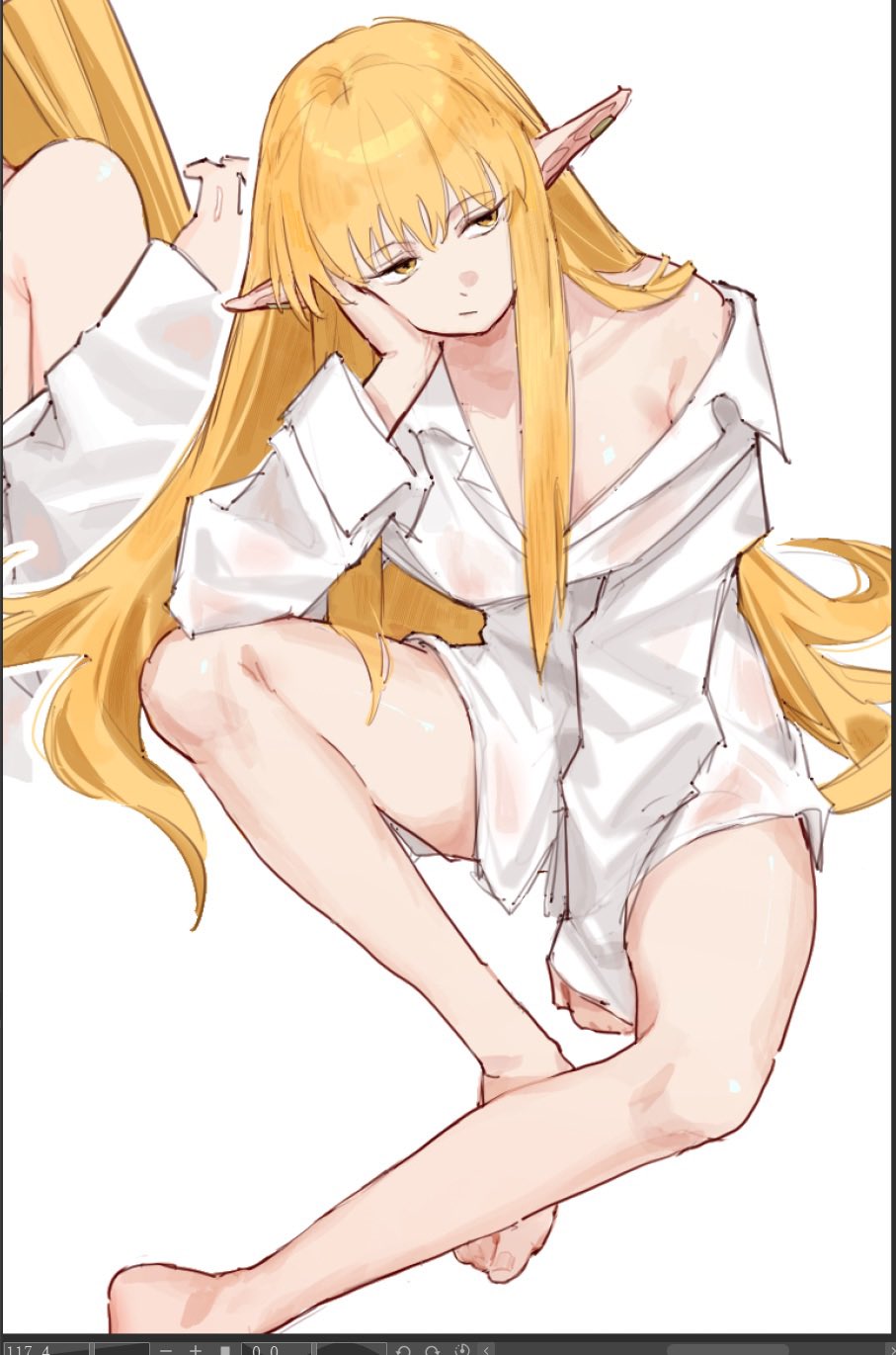 1girl art_program_in_frame bare_legs barefoot blonde_hair breasts ear_bar elf hand_on_own_cheek hand_on_own_face highres long_hair long_sleeves medium_breasts no_pants pointy_ears rerheart see-through see-through_shirt serie_(sousou_no_frieren) shirt sidelocks sitting solo sousou_no_frieren white_background white_shirt