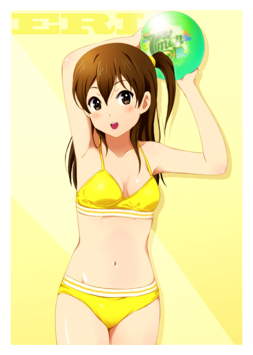 1girl arms_up asymmetrical_hair bad_id bad_pixiv_id ball bikini brown_eyes brown_hair extra female_focus k-on! long_hair looking_back shian_(my_lonly_life.) side_ponytail solo swimsuit taki_eri yellow_bikini