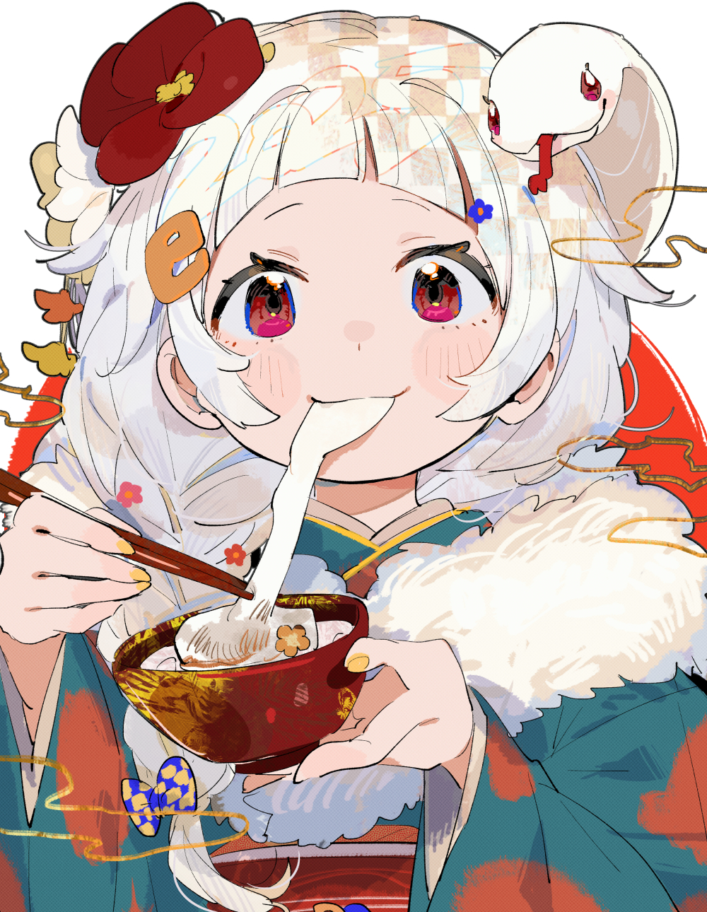 1girl blush bowl braid chopsticks commentary flower food fur-trimmed_kimono fur_trim green_kimono hair_flower hair_ornament hassan_(sink916) highres holding holding_bowl holding_chopsticks japanese_clothes kimono letter_hair_ornament mochi mochi_trail original red_eyes red_flower simple_background snake solo tongue tongue_out upper_body white_background white_hair