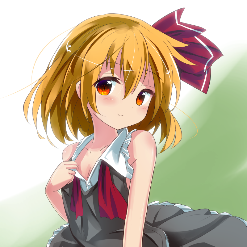 1girl adapted_costume bare_arms bare_shoulders blonde_hair blush clothes_pull collarbone female_focus flat_chest frilled_skirt frills gradient_background hair_ribbon head_tilt looking_at_viewer naughty_face neck_ribbon red_eyes ribbon rumia ryogo shirt shirt_pull shirt_tug short_hair skirt skirt_set sleeveless sleeveless_shirt smile solo touhou two-tone_background undone_neck_ribbon undone_tie