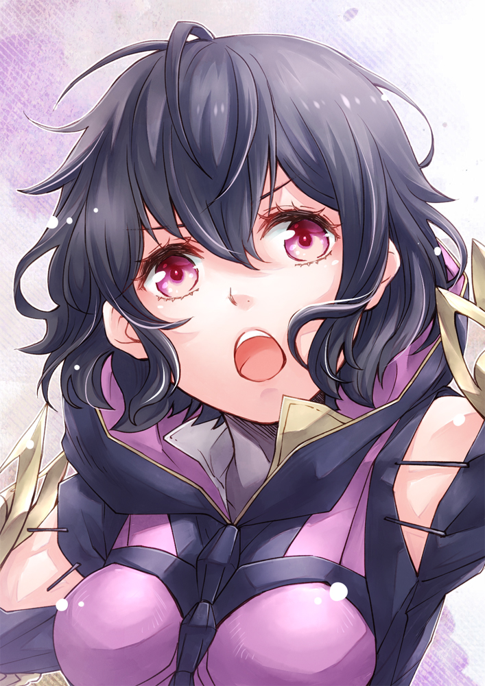 1girl angry armor black_hair breastplate breasts ebi_puri_(ebi-ebi) fire_emblem fire_emblem_awakening fire_emblem_heroes hood looking_at_viewer medium_breasts morgan_(female)_(devoted_darkness)_(fire_emblem) morgan_(female)_(fire_emblem) morgan_(fire_emblem) nintendo official_alternate_costume open_mouth pauldrons red_eyes shoulder_armor