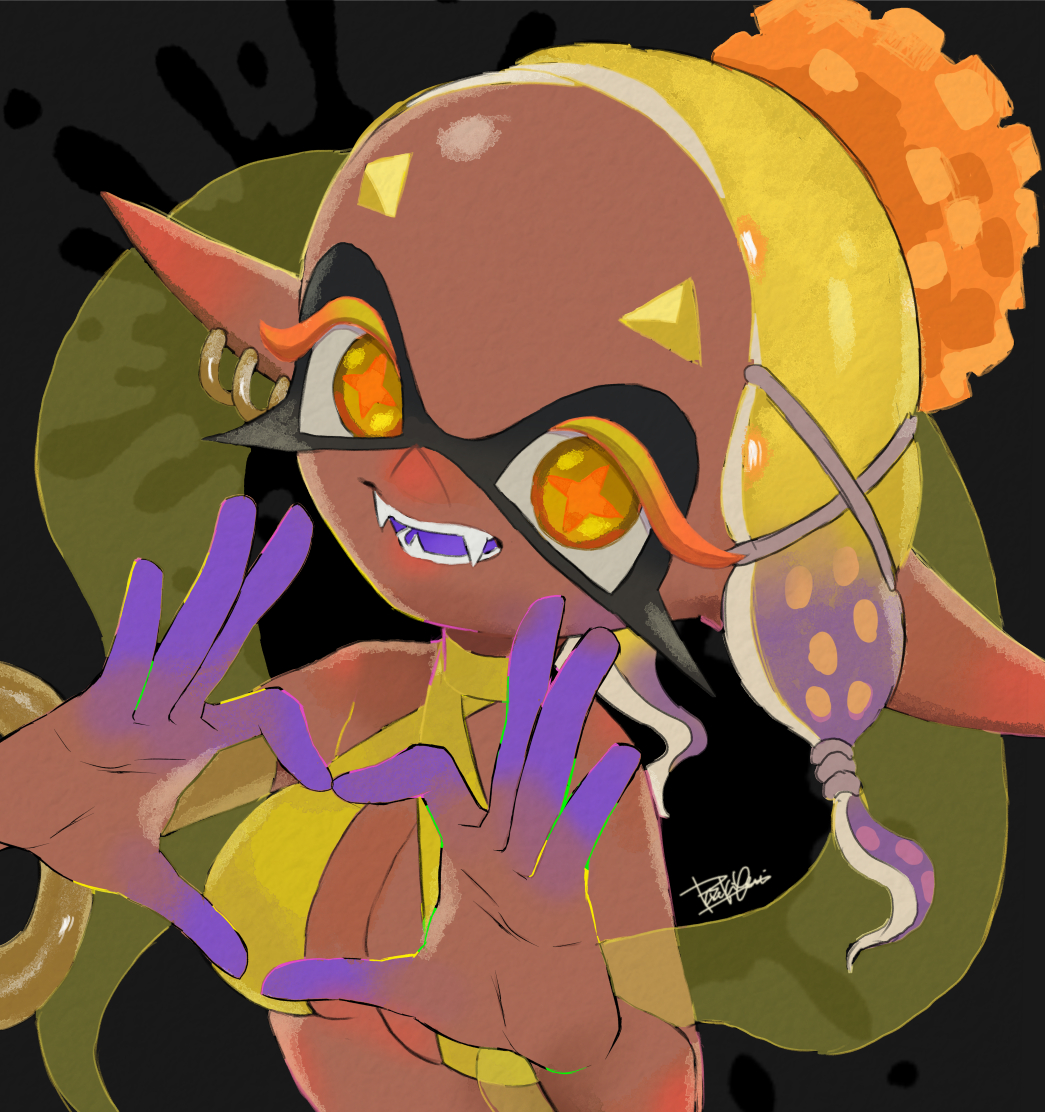 1girl adapted_costume bare_shoulders bikini blonde_hair breasts cleavage colored_extremities colored_eyelashes colored_tongue commentary_request criss-cross_halter cross-shaped_pupils dark-skinned_female dark_skin earrings fangs forehead frye_(splatoon) gradient_hair grey_background hagoromo hair_ornament halterneck heart heart_hands inkling isamu-ki_(yuuki) jewelry long_eyelashes long_pointy_ears looking_at_viewer medium_hair multicolored_hair multiple_earrings nintendo open_mouth orange_pupils pointy_ears purple_hair purple_tongue shawl signature smile solo splatoon_(series) splatoon_3 swimsuit symbol-shaped_pupils tentacle_hair two-tone_hair upper_body x_hair_ornament yellow_bikini yellow_eyes