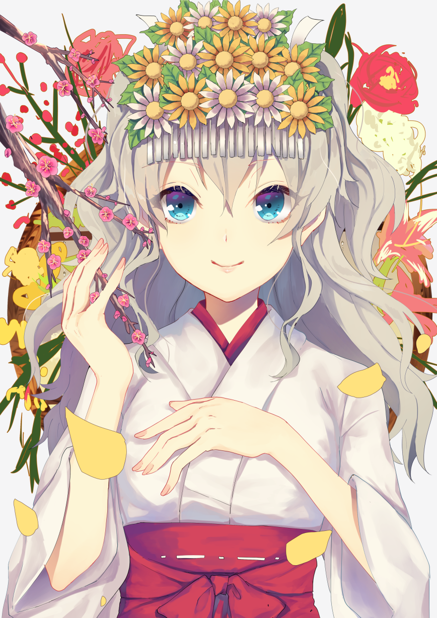 1girl blue_eyes branch charlotte_(anime) closed_mouth commentary_request falling_petals flower hair_flower hair_ornament hakama hakama_skirt hand_on_own_chest hand_up highres japanese_clothes kosode kurotea light_brown_hair miko petals pink_flower red_hakama skirt smile solo tomori_nao twintails two_side_up upper_body white_background white_flower yellow_flower yellow_petals