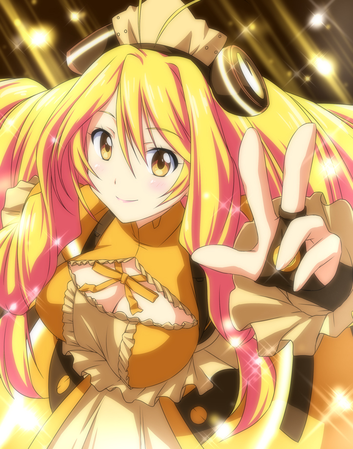 1girl antenna_hair blonde_hair blush breasts bridal_gauntlets cleavage_cutout clothing_cutout dress female_focus headdress long_hair looking_at_viewer nori_tamago smile solo sparkle twintails upper_body vividred_operation vividyellow yellow_eyes