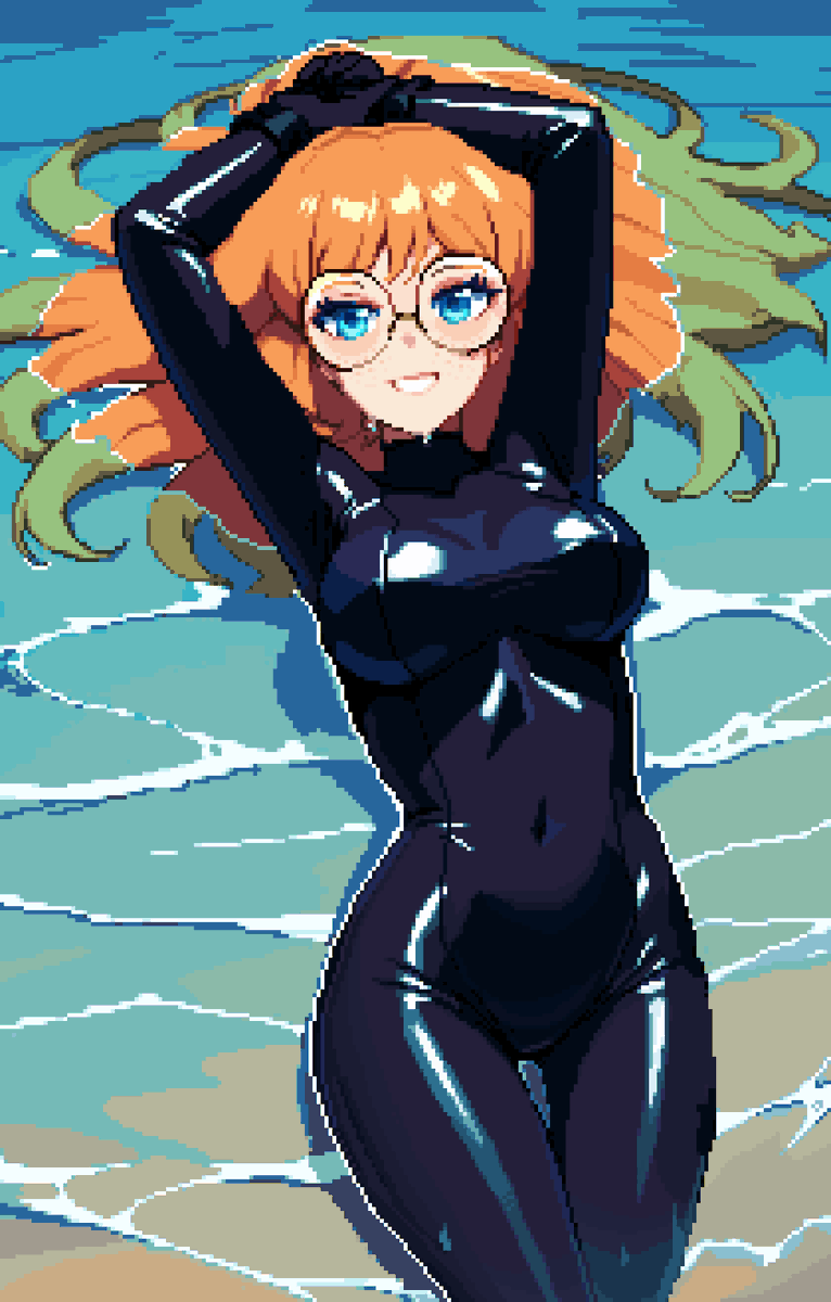 1girl :d archapxl arms_up blue_eyes bodysuit breasts covered_erect_nipples covered_navel cowboy_shot highres large_breasts latex latex_bodysuit long_hair looking_at_viewer open_mouth orange_hair original pixel_art round_eyewear shiny_clothes siri_jay smile solo water