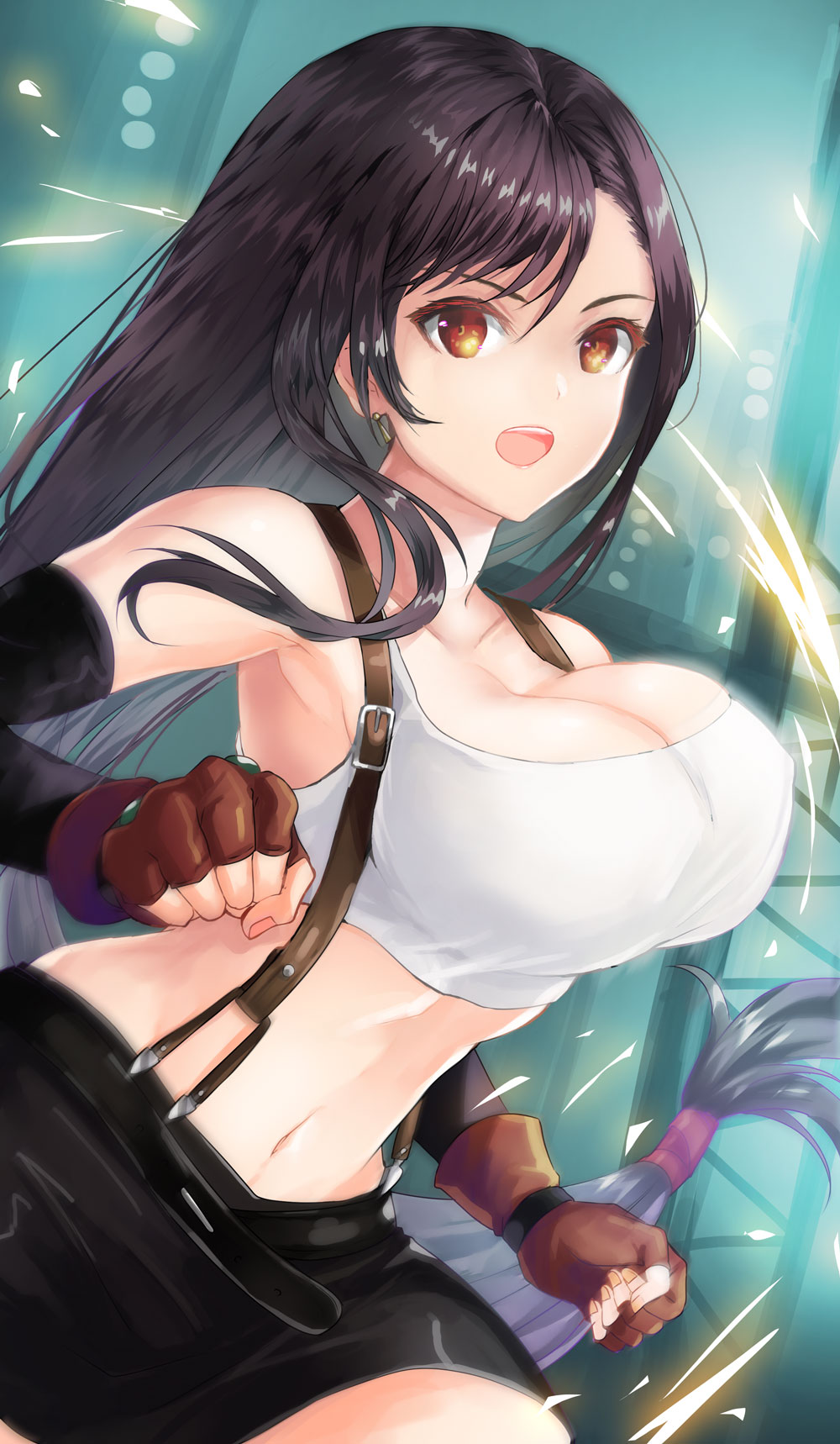 1girl bare_shoulders black_gloves black_hair black_skirt breasts brown_eyes cleavage clenched_hand crop_top earrings elbow_gloves final_fantasy final_fantasy_vii fingerless_gloves gloves hair_between_eyes highres jewelry large_breasts long_hair low-tied_long_hair midriff navel open_mouth red_gloves shirt skirt sleeveless sleeveless_shirt solo teeth tifa_lockhart unigon_(kitsutsuki) upper_body upper_teeth_only white_shirt