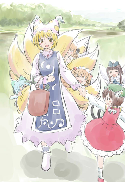 6+girls :d =_= animal_ears bag blonde_hair blue_hair blue_ribbon cat_ears cat_tail chen cirno ear_piercing earrings closed_eyes fang fox_tail hair_ribbon holding_hands happy hime_cut jewelry luna_child manzi multiple_girls multiple_tails open_mouth piercing pulling ribbon shopping_bag smile star_sapphire sunny_milk surcoat tail touhou wings yakumo_ran yellow_eyes