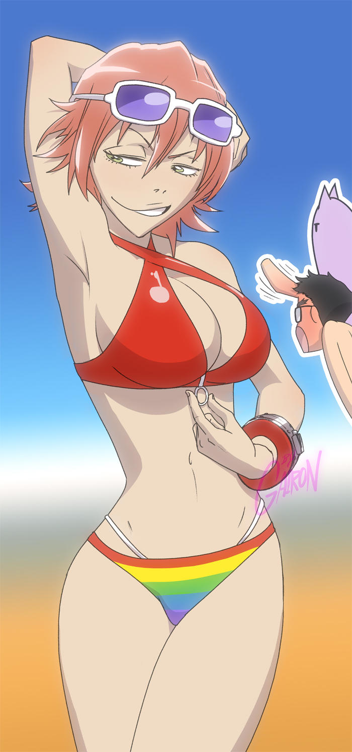 1girl arm_up armpits artist_name bikini breasts character_background cleavage collarbone cuffs feet_out_of_frame flcl flcl_progressive gairon gradient_background half-closed_eyes haruhara_haruko highres large_breasts midriff navel panties rainbow_panties red_bikini signature smile solo sunglasses swimsuit teeth underwear upper_body white_straps yellow_eyes